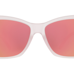 Sunglasses with pink frame and red-orange lenses on a white background. Available at Be Charmed