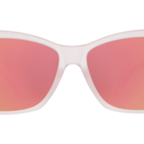 Sunglasses with pink frame and red-orange lenses on a white background. Available at Be Charmed