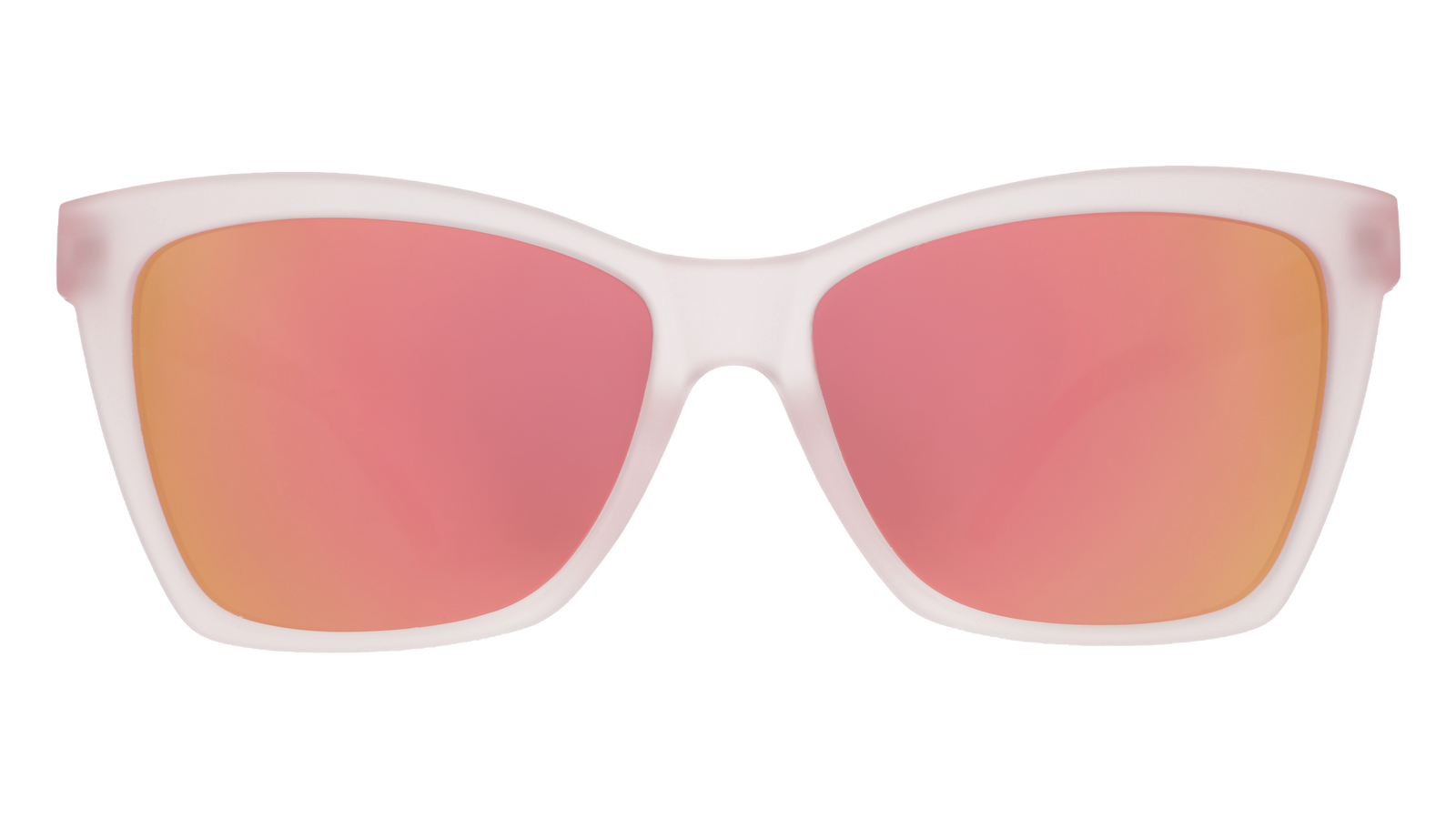 Sunglasses with pink frame and red-orange lenses on a white background. Available at Be Charmed
