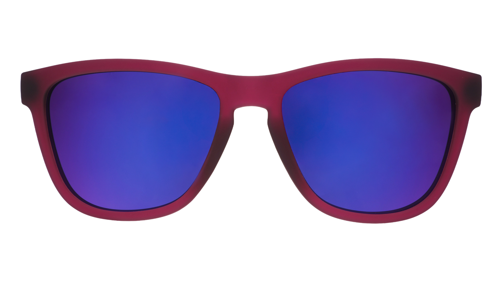 Sunglasses with red frame and blue lenses on a white background. Available at Be Charmed