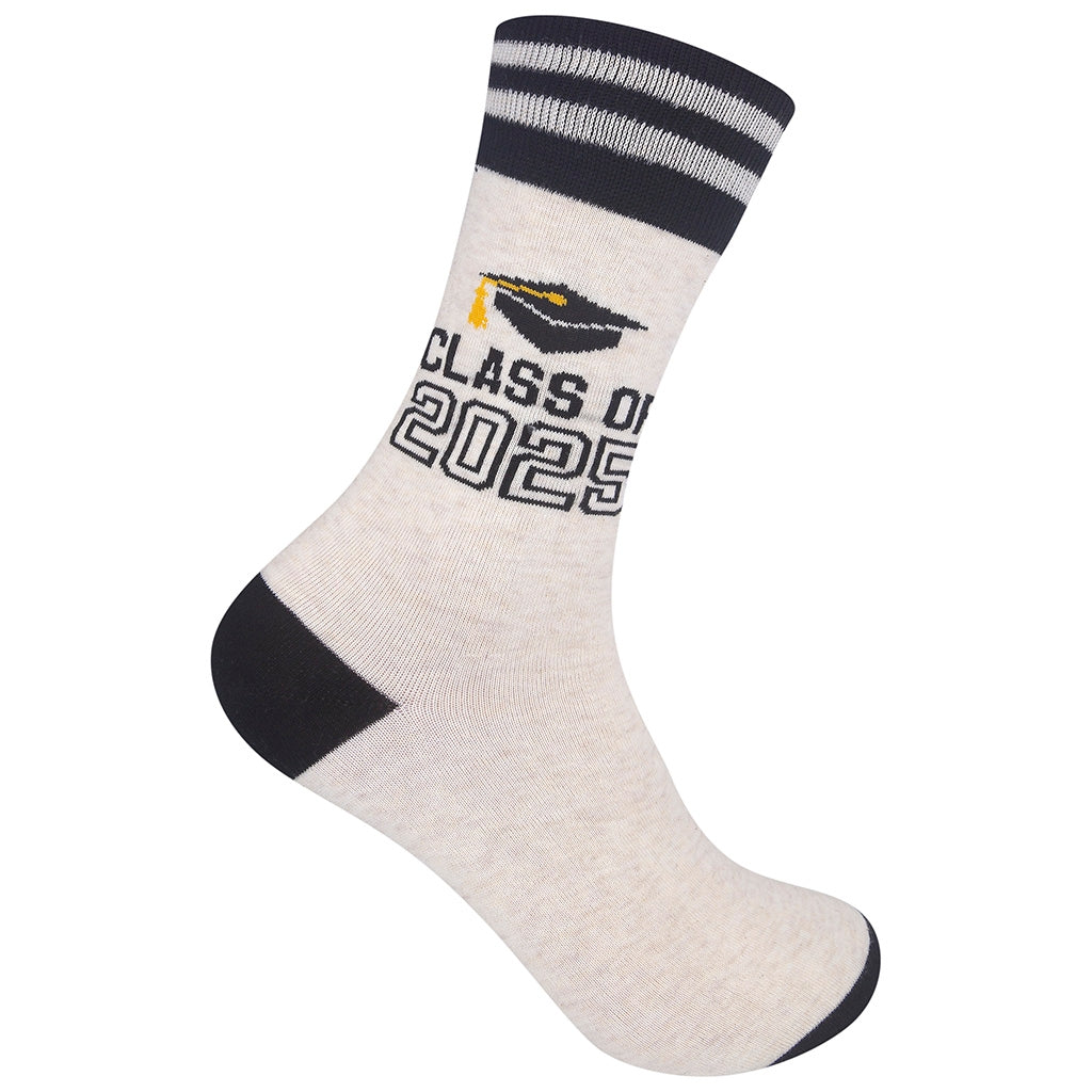Funatic novelty crew socks featuring bold "Class of 2025" text for graduates.