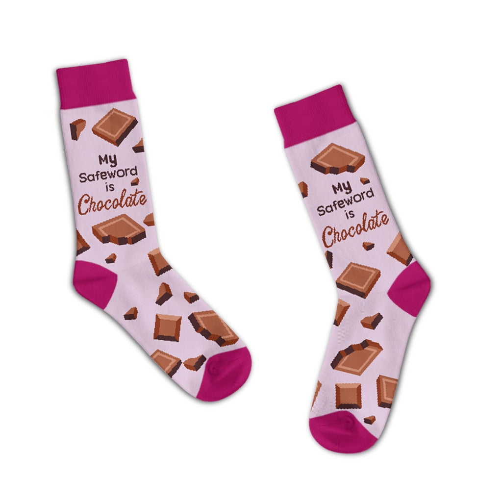 Pink Funatic novelty socks with the text "My Safeword Is Chocolate." Available at Be Charmed