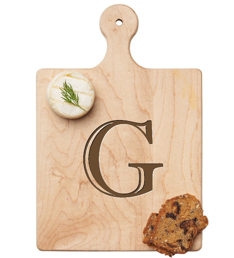 Maple Leaf 9x6 Initial Board G with Spreader. Personalized wooden serving board with monogram design. Perfect gift. Available at Be Charmed.