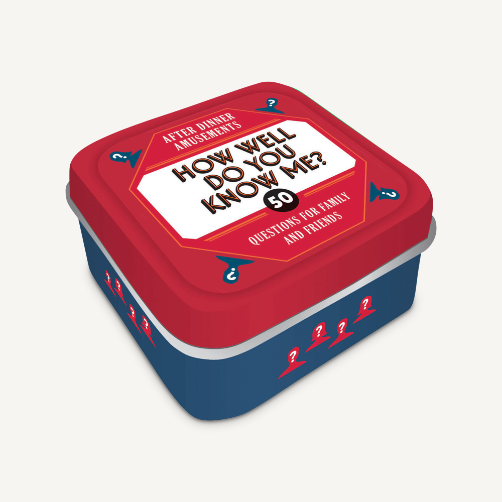 Compact tin labeled “How Well Do You Know Me?” with question‑card prompts—Available at Be Charmed