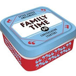 Compact metal tin labeled “Family Time” containing conversation prompt cards—Available at Be Charmed