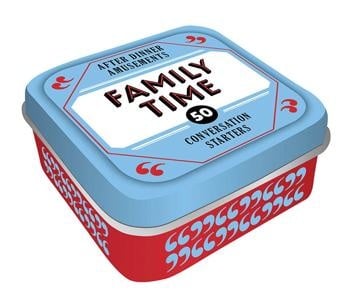 Compact metal tin labeled “Family Time” containing conversation prompt cards—Available at Be Charmed
