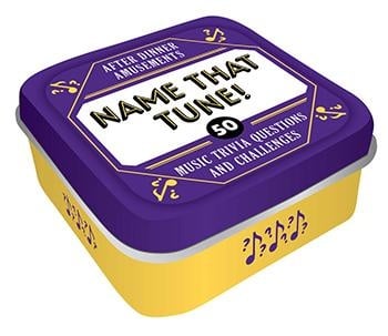 A tin can game titled 'Name That Tune!' with music notes and a graphic of a music player on the lid, indicating it's a music trivia game with 50 questions and challenges. Available at Be Charmed
