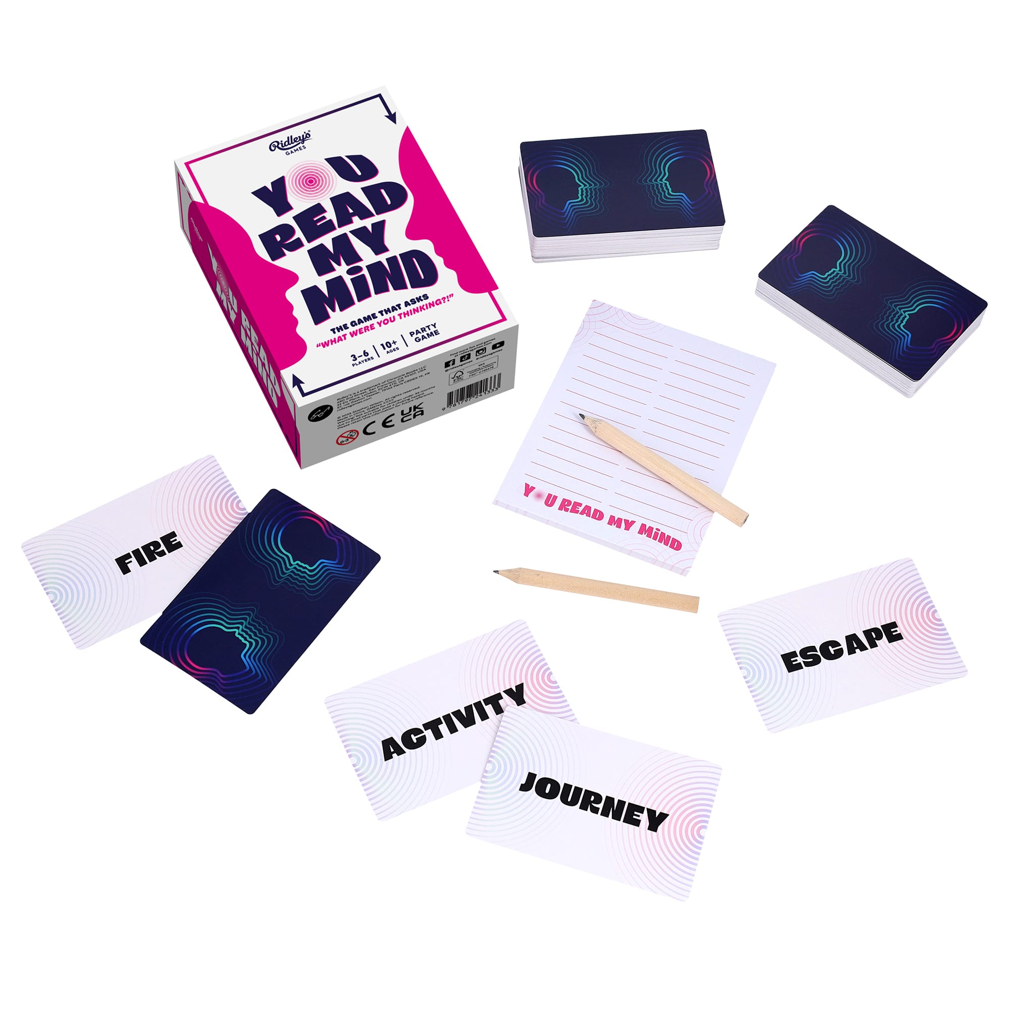 Board game components including cards and a box labeled 'You Read My Mind' on a white background. Available at Be Charmed