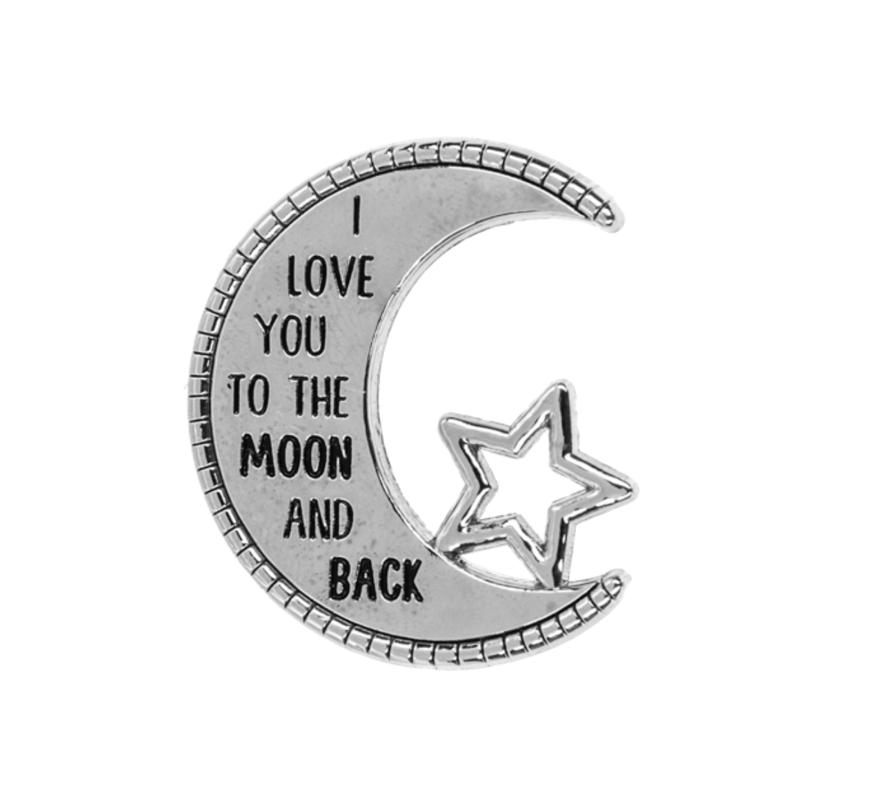 A silver charm token with a crescent moon and star design, and the inscription 'I love you to the MOON and BACK'. Available at Be Charmed
