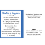 Product label for Ganz Bluebird of Happiness charm with text and branding details. Available at Be Charmed. 