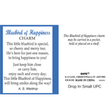 Product label for Ganz Bluebird of Happiness charm with text and branding details. Available at Be Charmed. 