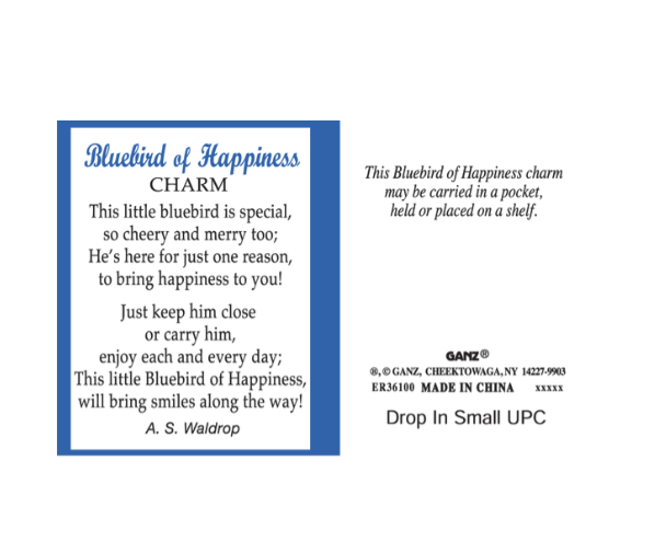 Product label for Ganz Bluebird of Happiness charm with text and branding details. Available at Be Charmed. 