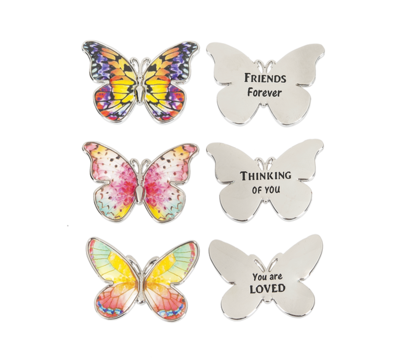 Three multicolored butterfly-shaped charm tokens with various inspirational messages written on them. Each token has a different colorful butterfly design and a corresponding inspirational phrase. Available at Be Charmed