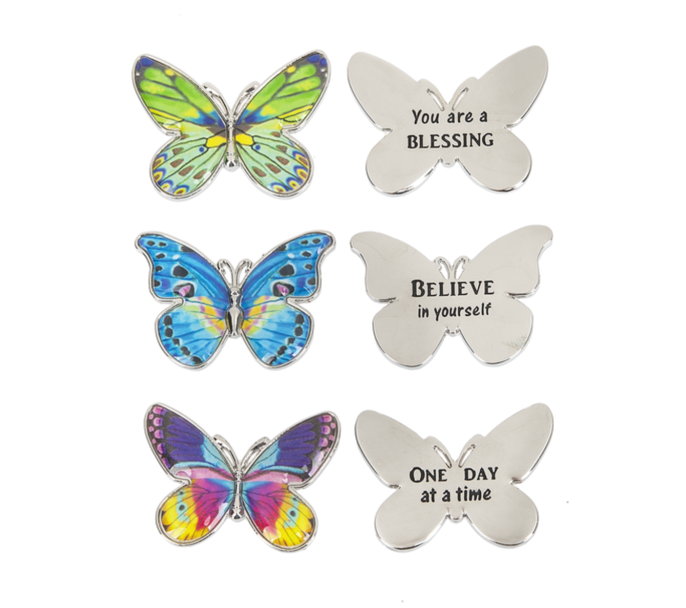 Three multicolored butterfly-shaped charm tokens with various inspirational messages written on them. Each token has a different colorful butterfly design and a corresponding inspirational phrase. Available at Be Charmed