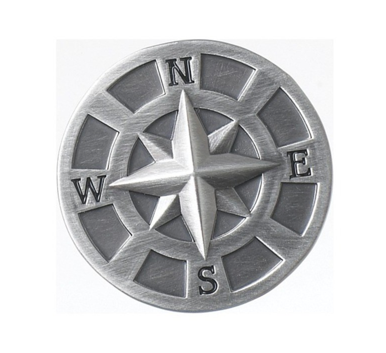 A silver-colored charm token with a compass design and the letters N, E, S, W on it, representing the directions. Available at Be Charmed