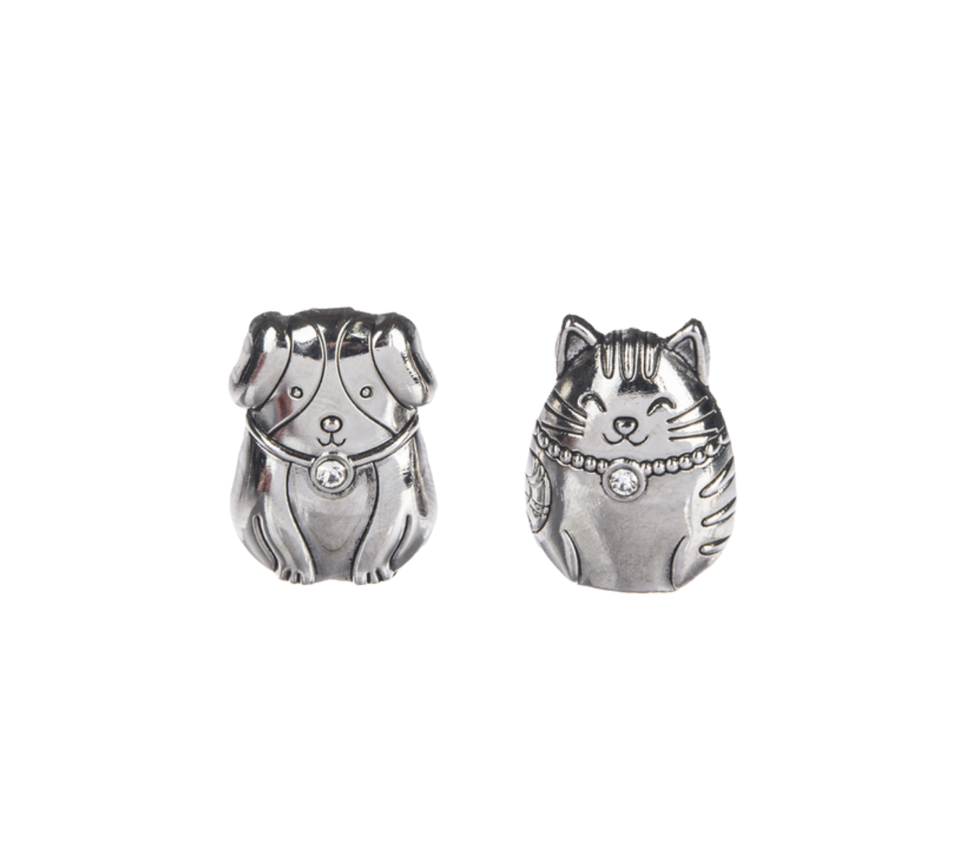 Two Silver metal charm tokens in the shapes of a cat and a dog, with embossed details. Available at Be Charmed