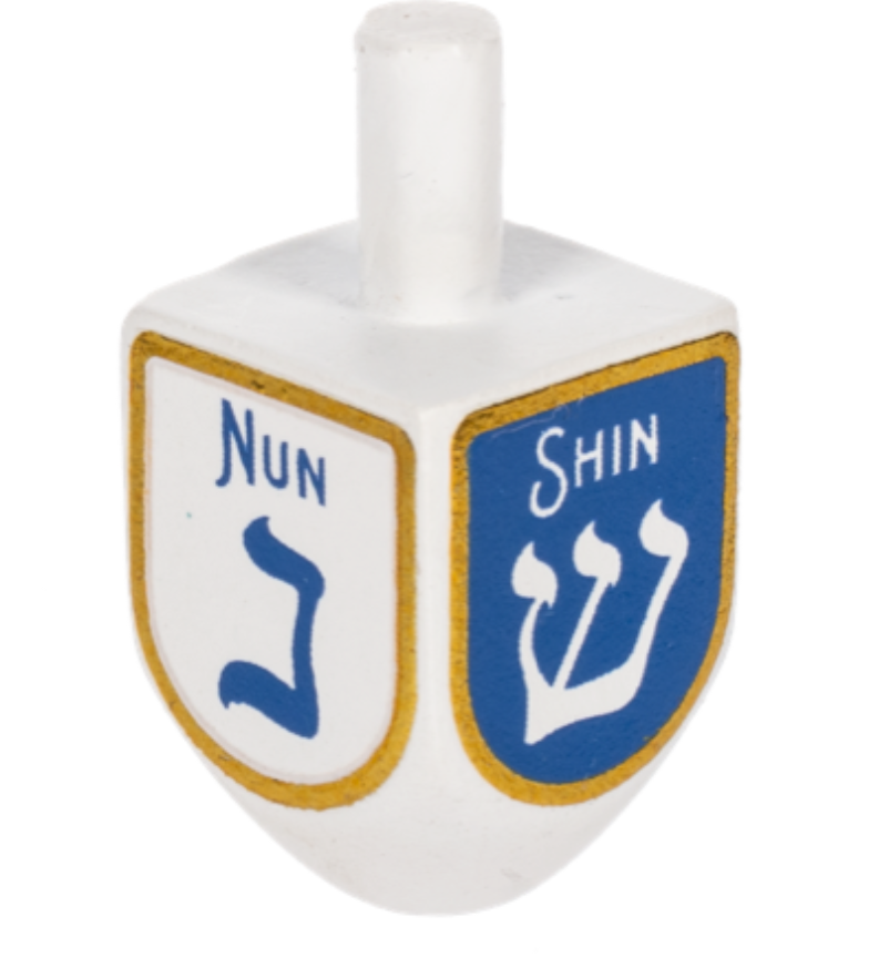 A small Ganz dreidel charm token next to its colorful game instruction card. Available at Be Charmed
