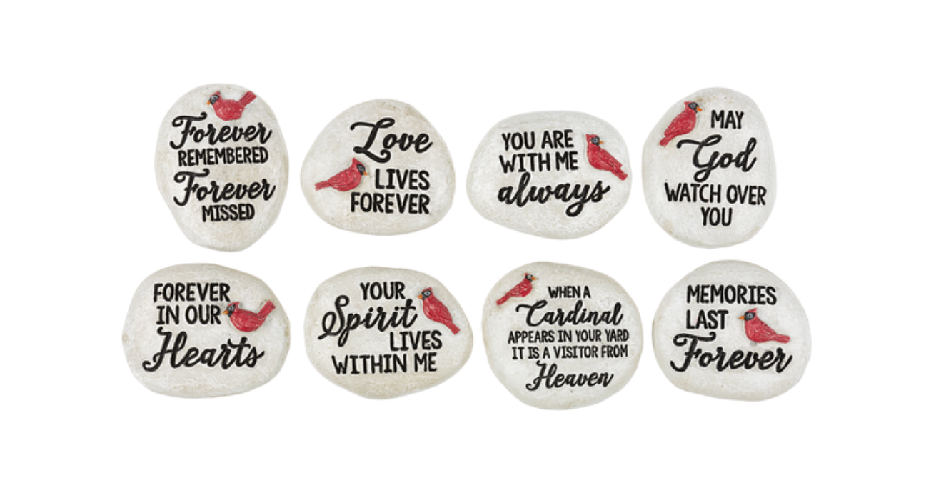 A variety of Ganz memorial cardinal stones including small pocket charms and larger decorative garden stones with sentimental verses. Available at Be Charmed