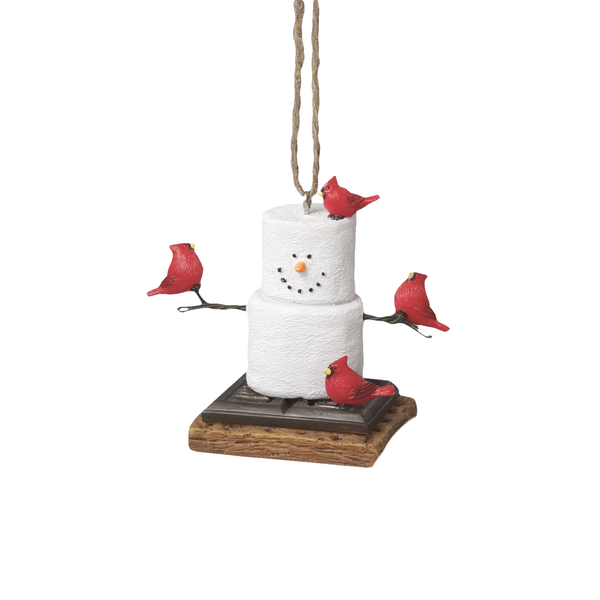 A holiday ornament featuring a white snowman with a red hat and a group of red cardinals perched on and around it, set against a plain background. Available at Be Charmed