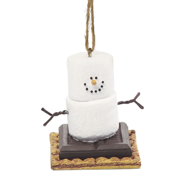A holiday ornament featuring a stylized snowman with a marshmallow top, hanging from a string. Available at Be Charmed