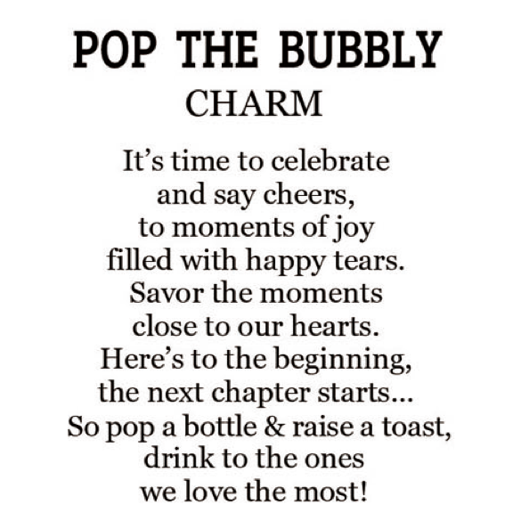 Text message celebrating joy and celebration with a bottle of bubbly.