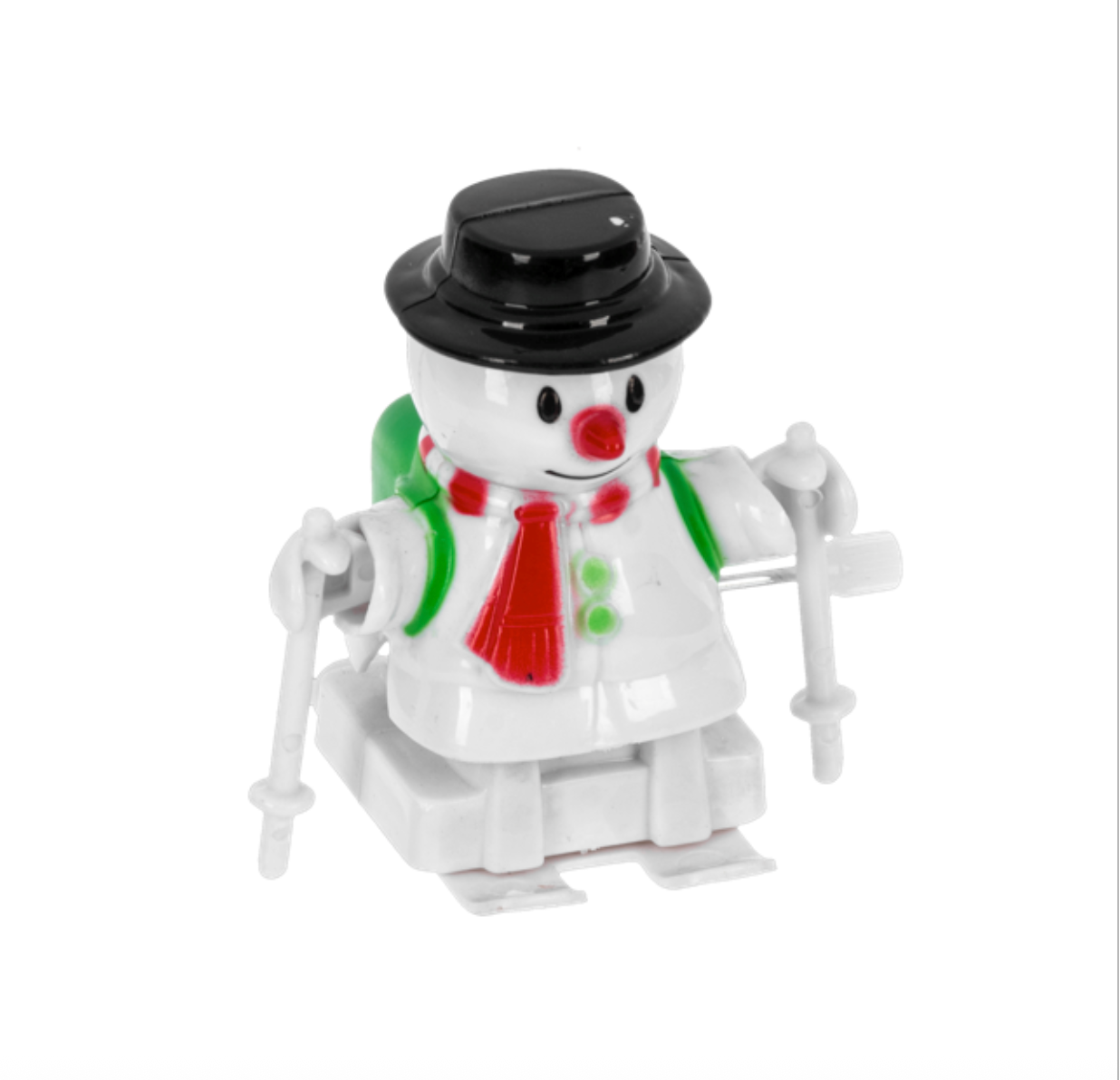 Toy snowman wind up toy with a black top hat, red scarf, and white coat on a white background. Available at Be Charmed