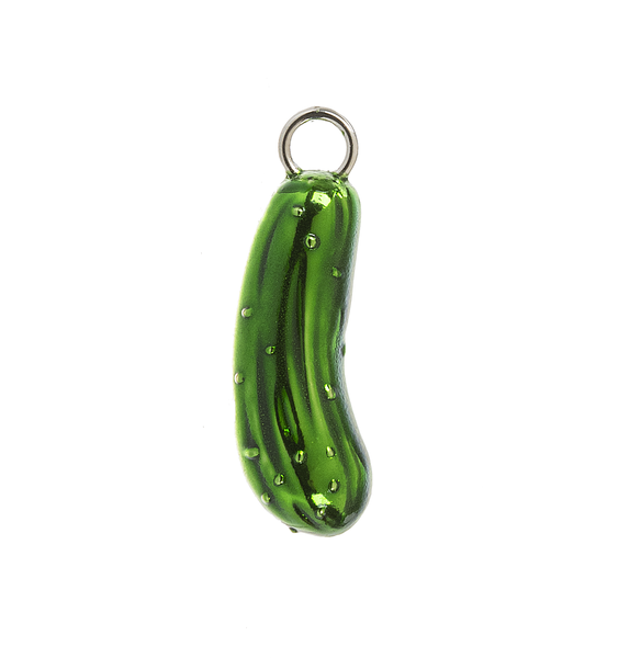 A green Christmas pickle charm with a metallic ring attached at the top. Available at Be Charmed