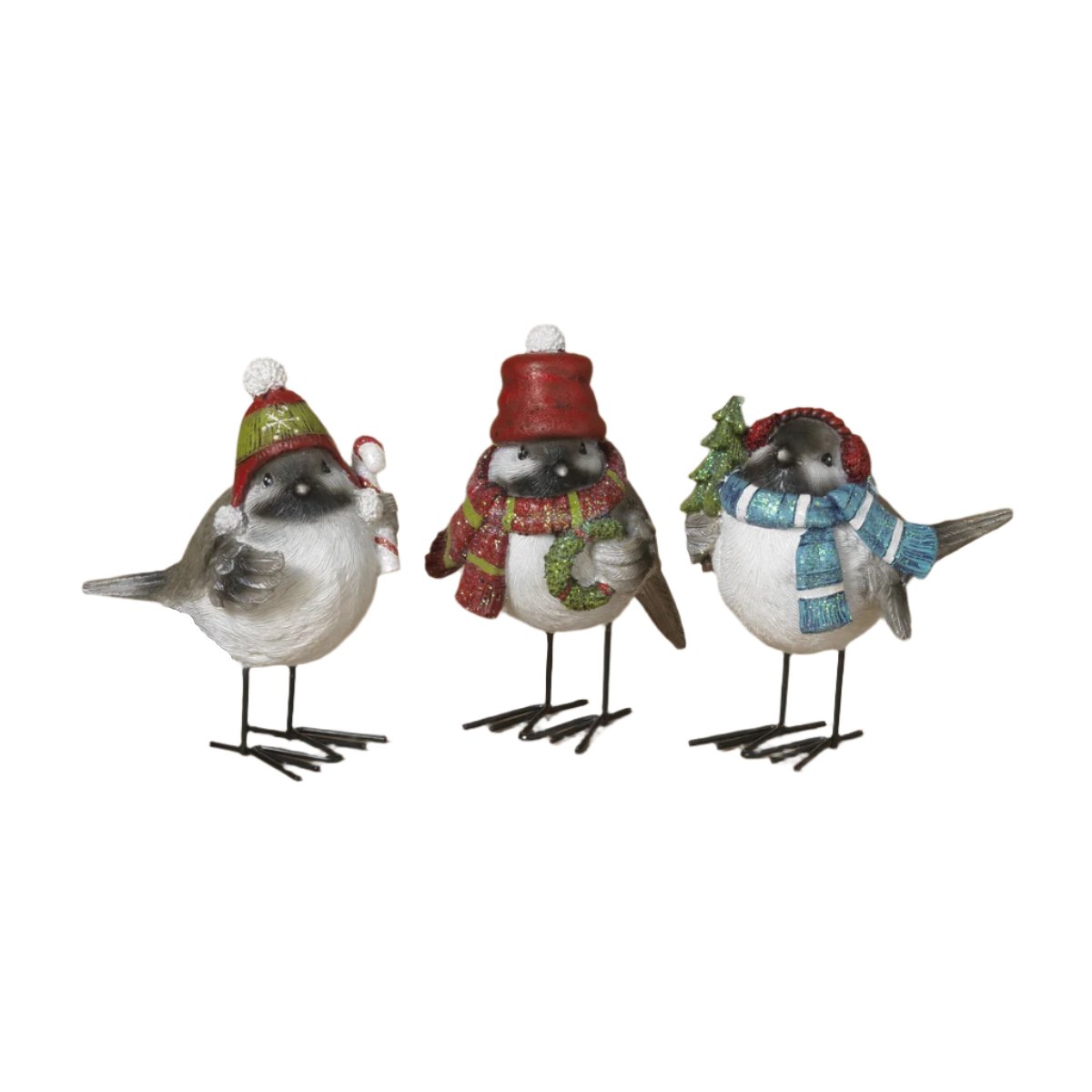 Three resin and metal holiday winter birds wearing festive clothing, including hats and scarves, on a white background. Available at Be Charmed