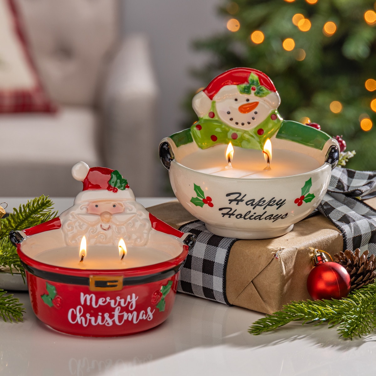 Gerson 6.5" Ceramic Santa & Snowman Candle Bowl
