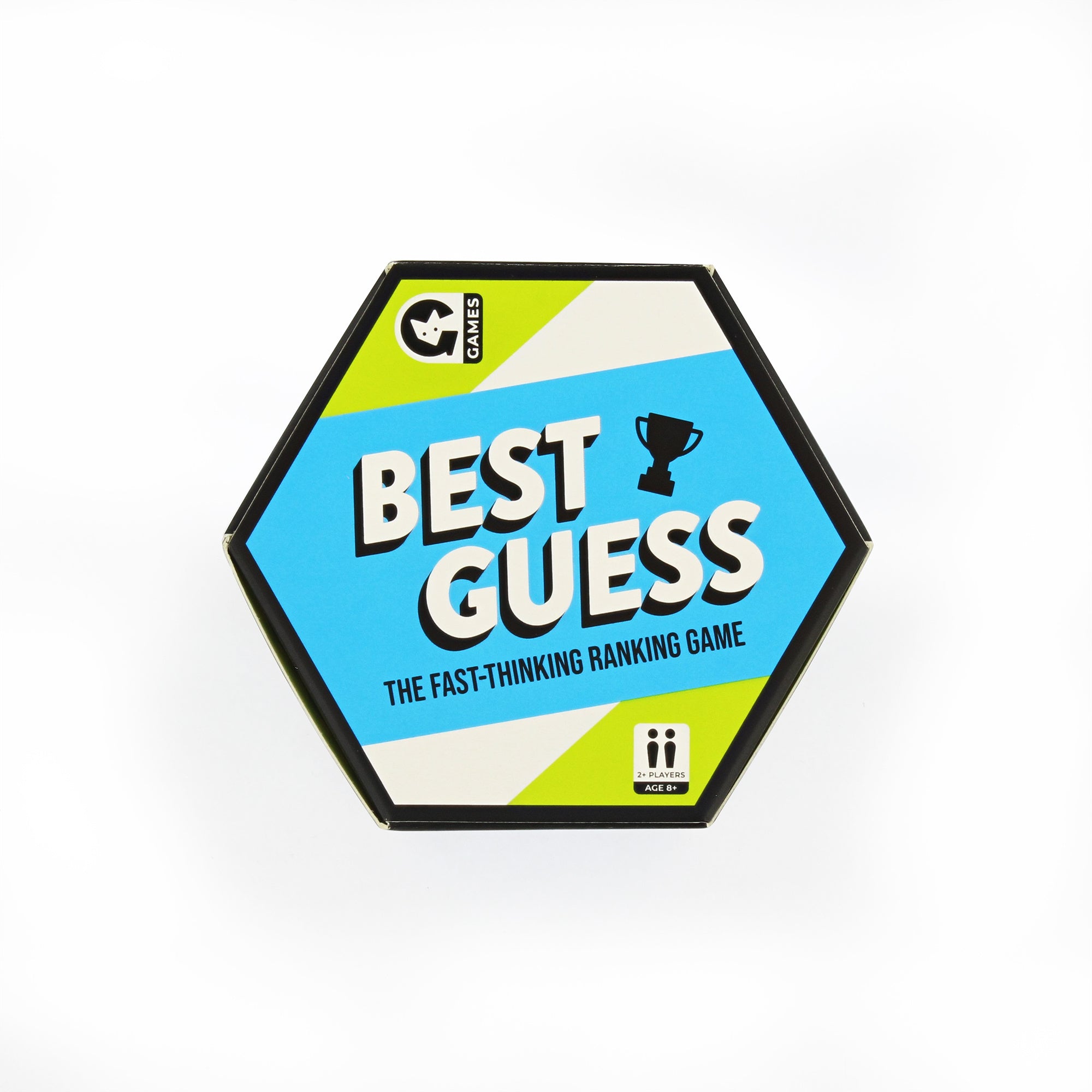 A board game card titled 'Best Guess' with a blue and green color scheme, designed by Ginger Fox. Available at Be Charmed