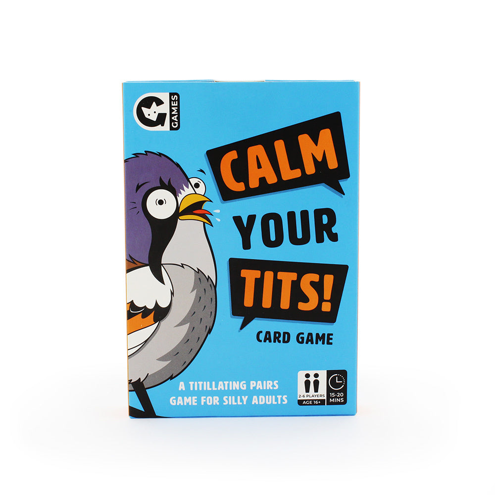 The image shows a box of the 'Calm Your Tits!' card game by Ginger Fox. It features a cartoon bird on the front with a humorous expression, and text that describes the game as a 'Titillating pairs game for silly adults' with 100 cards. Available at Be Charmed
