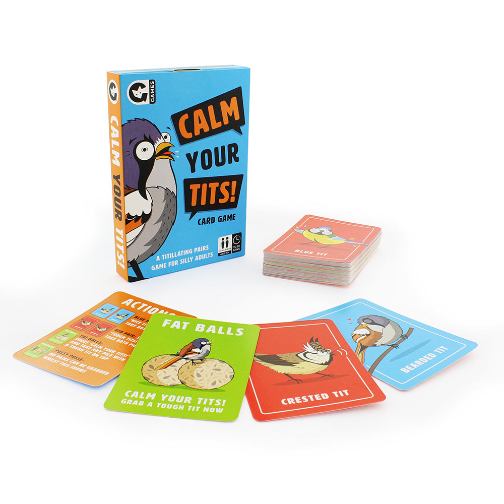 The box and insides for the Ginger Fox Calm Your Tits card game, available at Be Charmed.