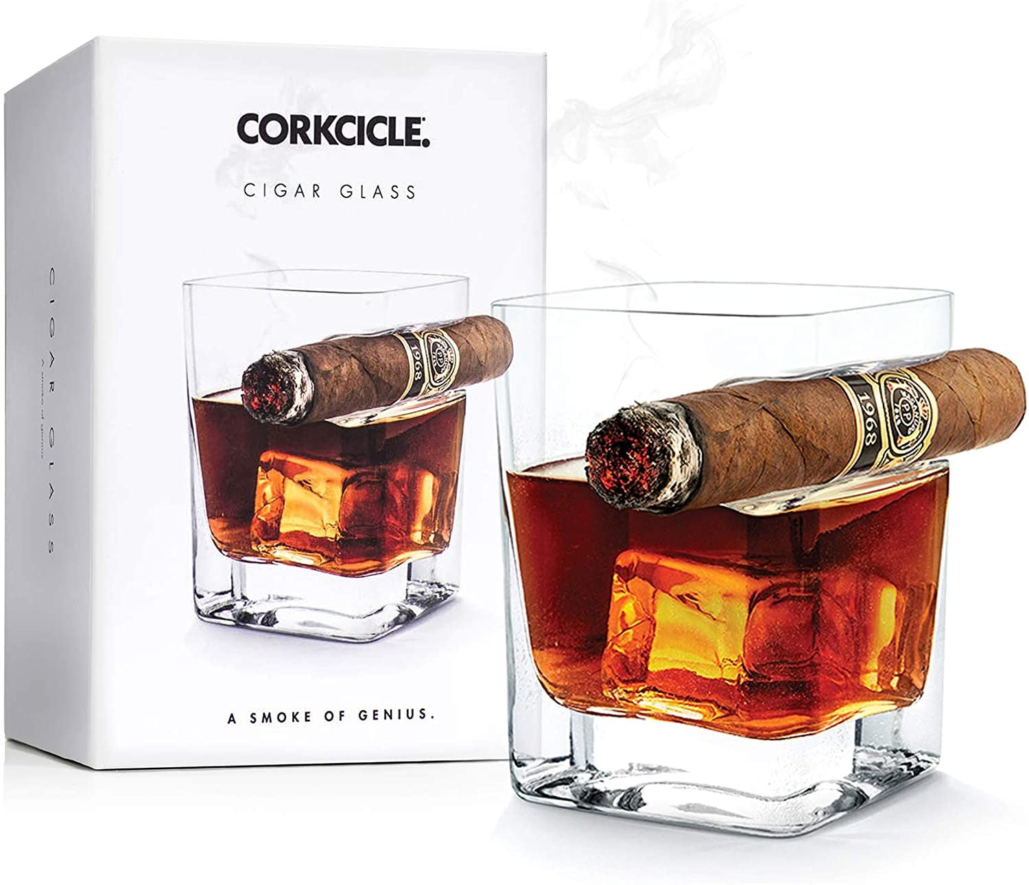 Glass and Box of orkcicle Cigar Glass – unique double old-fashioned whiskey glass with built-in cigar holder, designed for effortless sipping and smoking in one hand. A refined gift for cigar and whiskey lovers, available at Be Charmed.