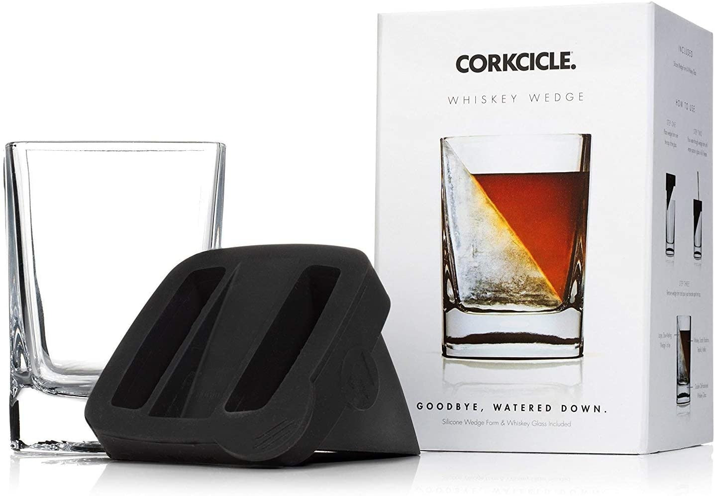 Glass and box Corkcicle Whiskey Wedge Glass – innovative whiskey glass with silicone ice form that creates a slow-melting wedge of ice, perfect for sipping spirits in style, available at Be Charmed.