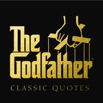 Book cover of 'The Godfather Classic Quotes' featuring the title in gold lettering with a silhouette of a hand holding a cigarette. Available at Be Charmed