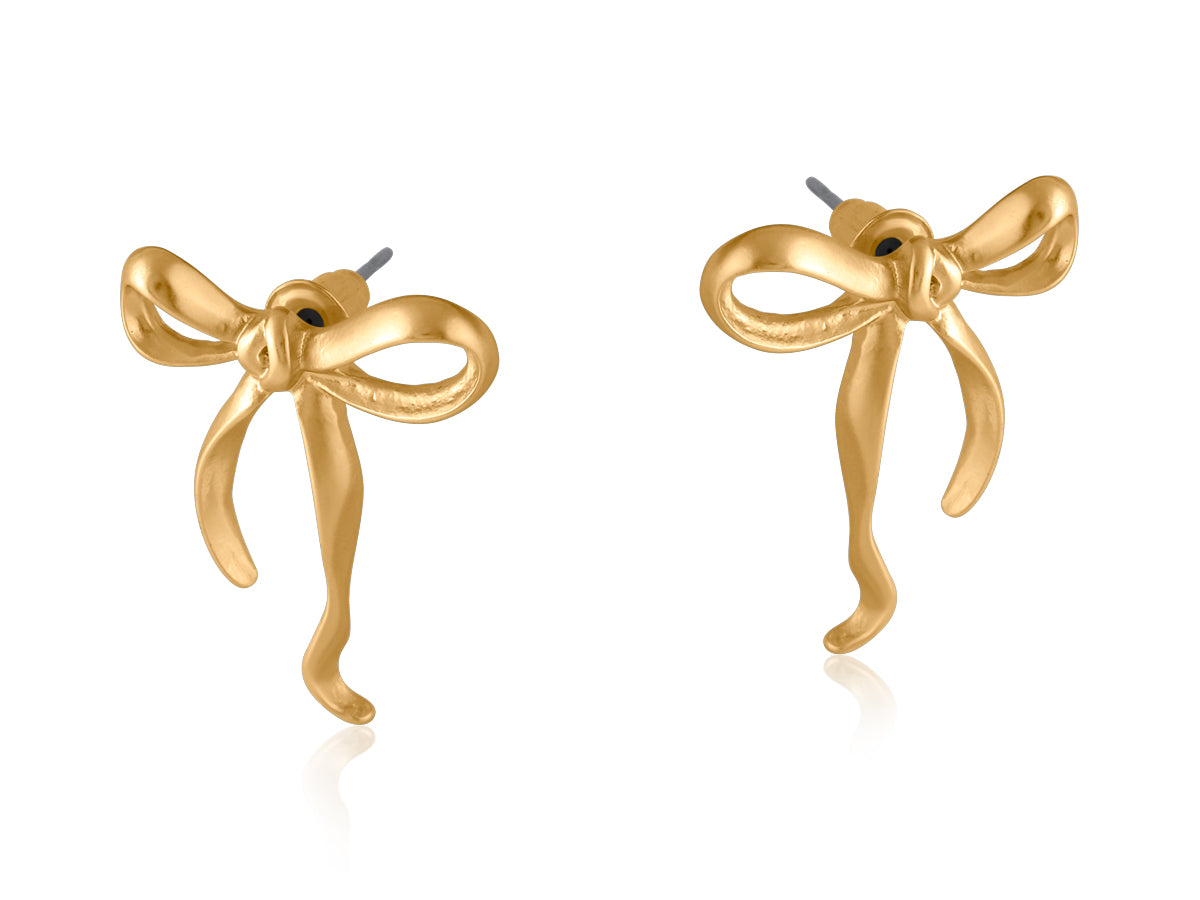 Gold Big Metal London Matte Paloma Bow stud earrings in matte gold or silver finish, recycled brass and surgical‑steel posts, hypoallergenic – Available at Be Charmed