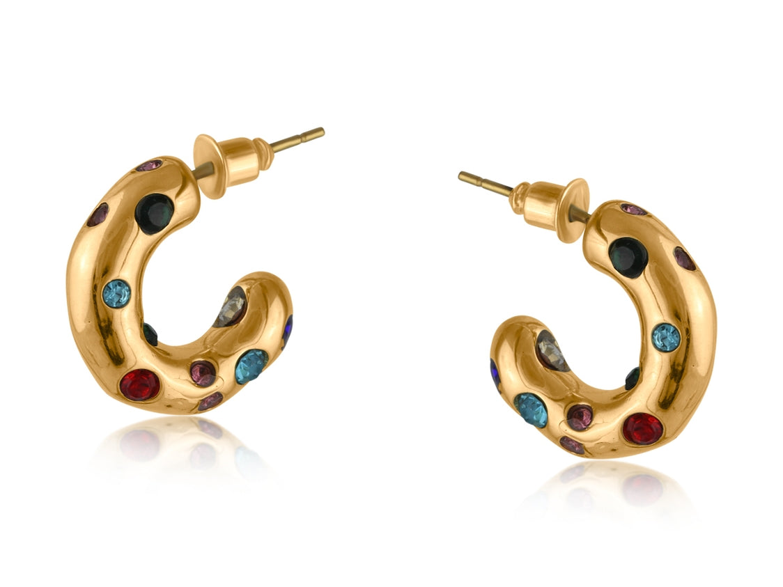 Gold Big Metal London Pula Rainbow hoop earrings, encrusted with multi‑color crystals on stainless steel, durable & hypoallergenic – Available at Be Charmed