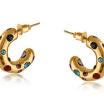 Gold Big Metal London Pula Rainbow hoop earrings, encrusted with multi‑color crystals on stainless steel, durable & hypoallergenic – Available at Be Charmed