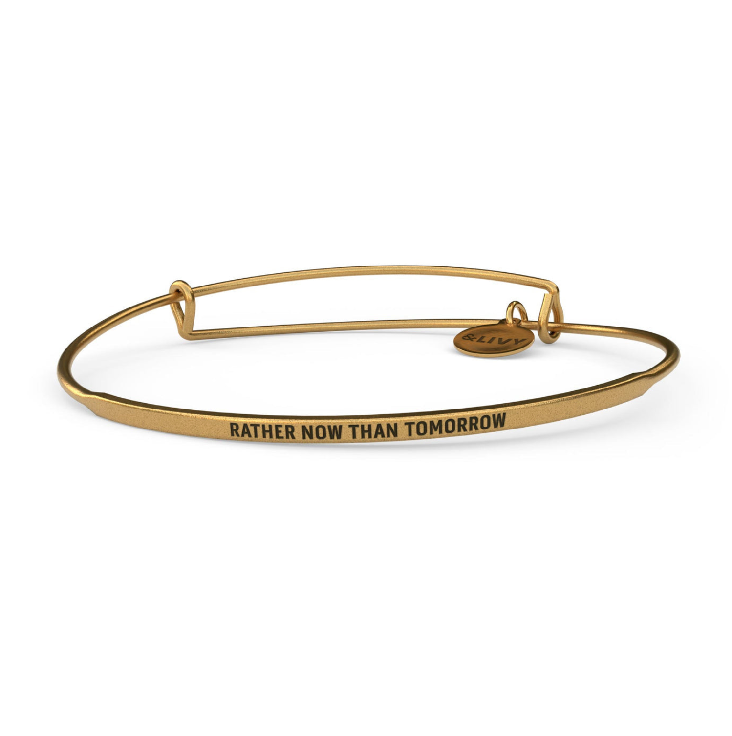 Gold &LIVY "Rather Now Than Tomorrow" POSY Bangle, available at Be Charmed 