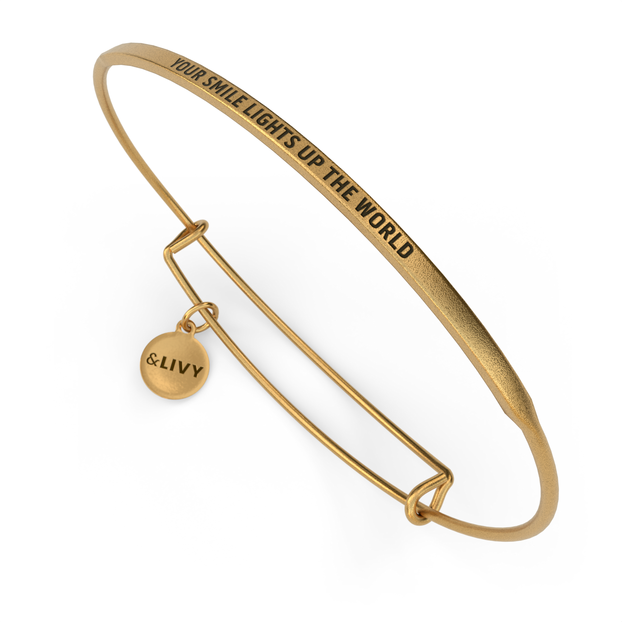 Gold &LIVY "Your Smile Lights Up the World" POSY Bangle, available at Be Charmed 