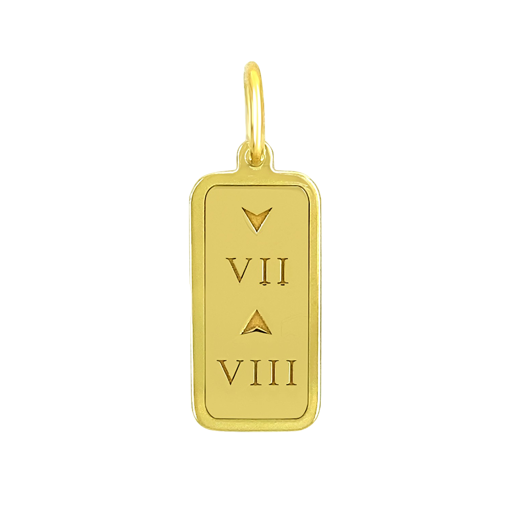 Gold Front Lola 7 Down 8 Up tag for necklace with an inspiring engraved message symbolizing strength and resilience. Available at Be Charmed.