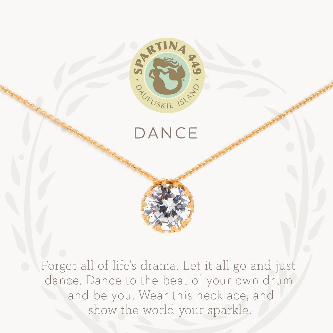 Gold On Card Spartina 449 Dance necklace on message card with 18" gold-tone chain and inspirational charm. Elegant gift jewelry. Available at Be Charmed.