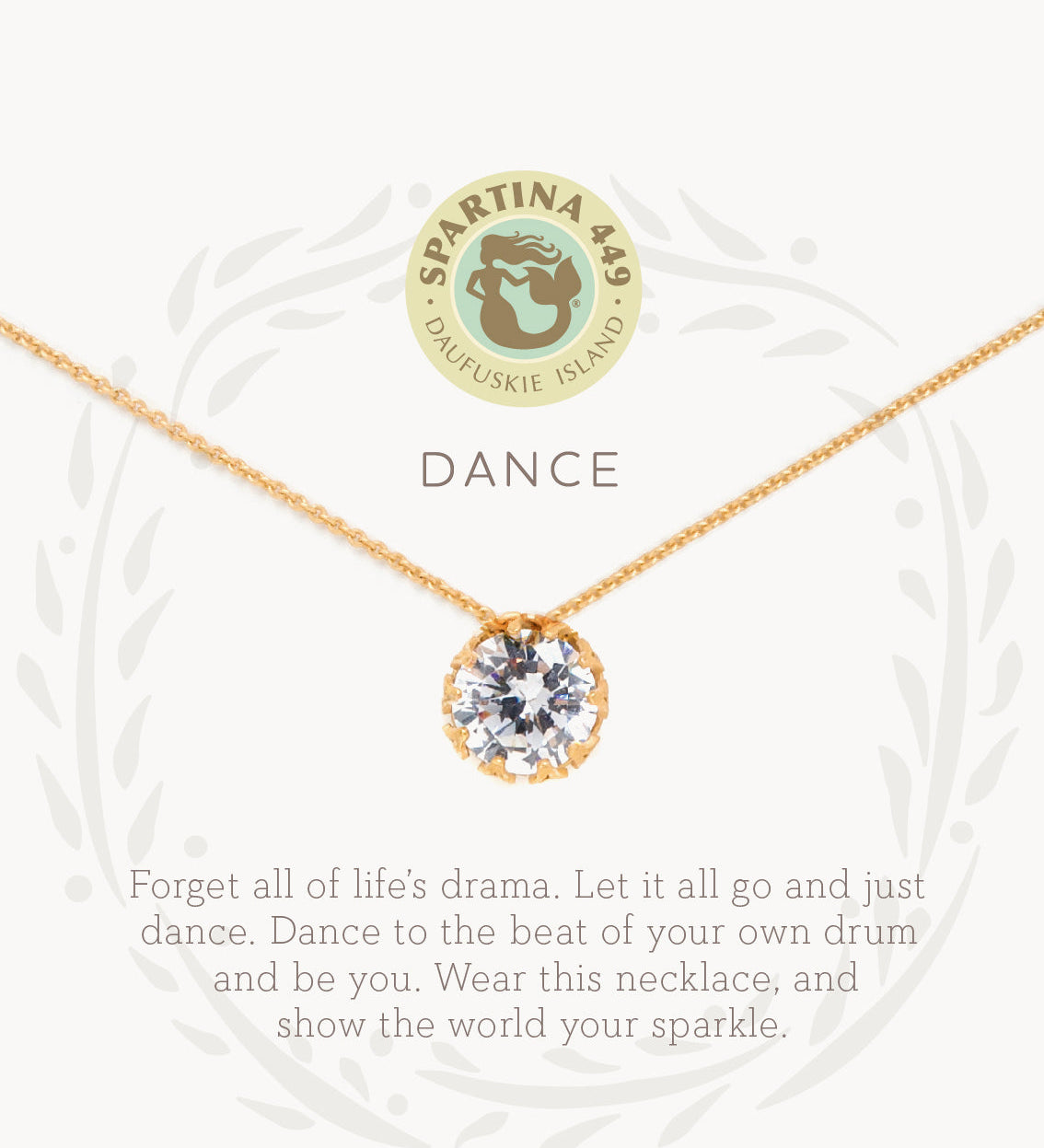 Gold On Card Spartina 449 Dance necklace on message card with 18" gold-tone chain and inspirational charm. Elegant gift jewelry. Available at Be Charmed.