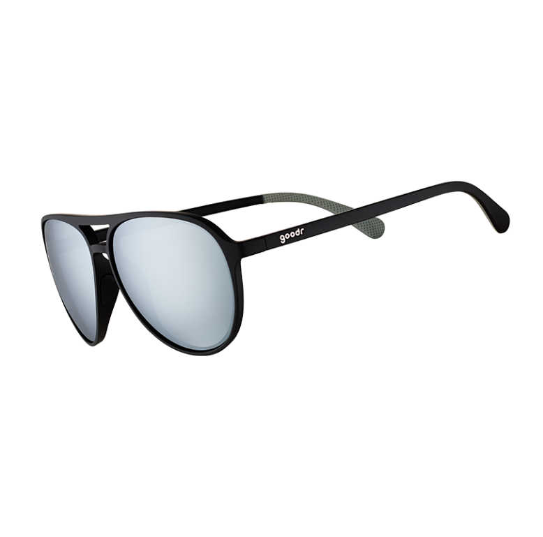 A pair of black and silver aviator Goodr sunglasses with polarized reflective lenses. Available at Be Charmed