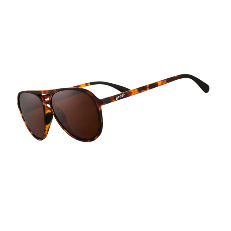 Goodr aviator-style sunglasses named "Amelia Earhart Ghosted Me" with polarized lenses and matte black frames—fashion meets function at Be Charmed.