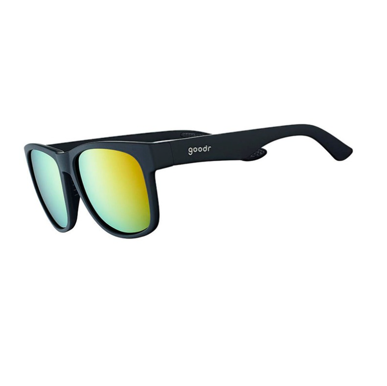 A pair of Goodr sunglasses with black frames and mirrored lenses. Available at Be Charmed