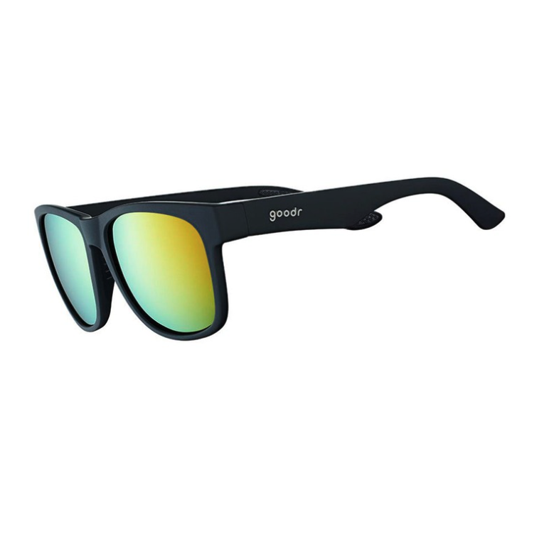 A pair of Goodr sunglasses with black frames and mirrored lenses. Available at Be Charmed