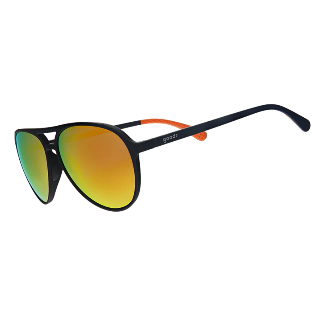 goodr Sunglasses with black frame and orange-tinted lenses on a white background. Available at Be Charmed