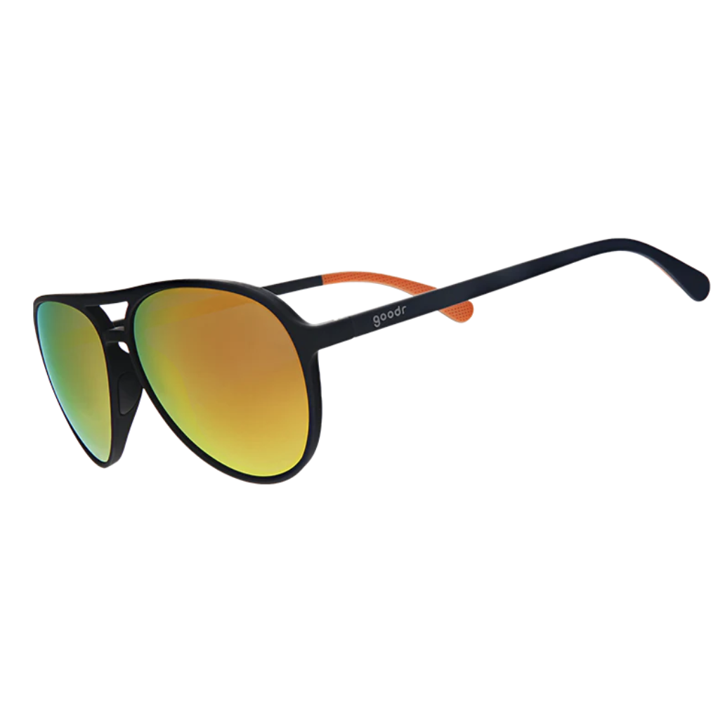 goodr Sunglasses with black frame and orange-tinted lenses on a white background. Available at Be Charmed