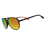 goodr Sunglasses with black frame and orange-tinted lenses on a white background. Available at Be Charmed